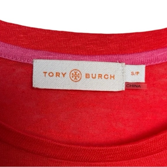 TORY BURCH | Linen Demi Short Sleeve T-Shirt | Sequin Logo | Orange Poppy Pink S - Picture 3 of 6